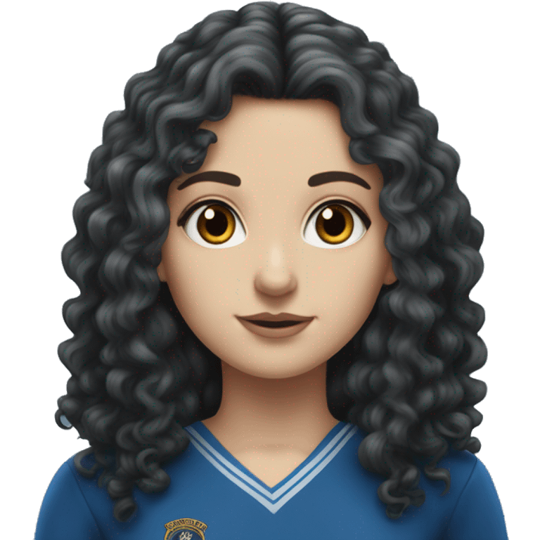 Hyper realistic White girl with long black curly hair wearing a ravenclaw school inform emoji