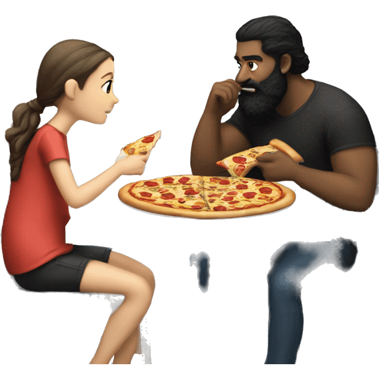 white man with black beard sitting at a table eating pizza with small white girl with black hair emoji