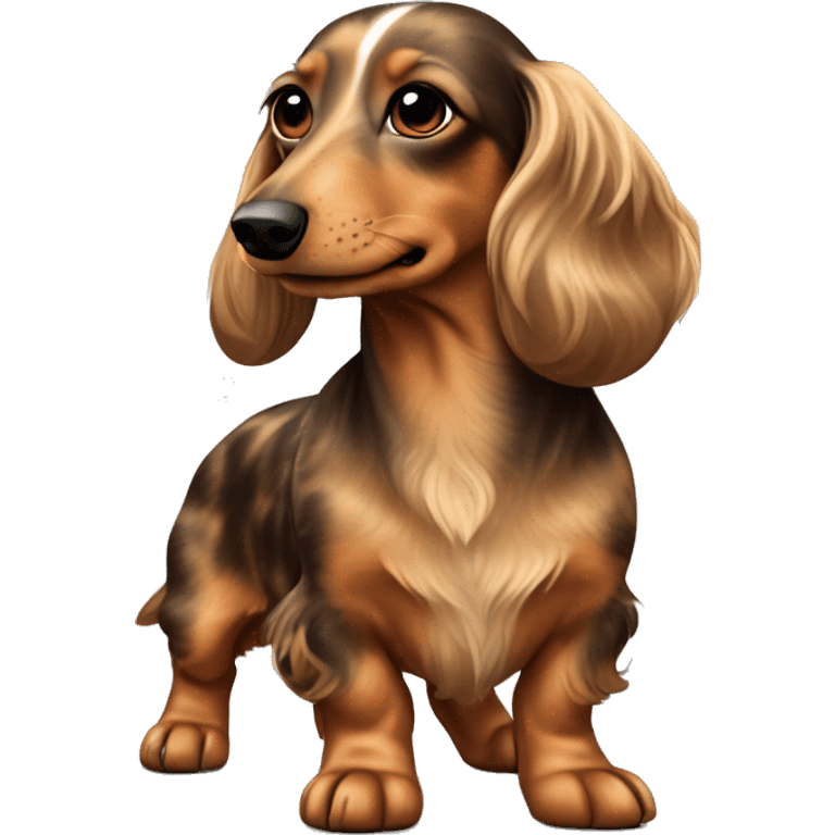 Fullbody Longhair cream shaded piepald dachshund with brown spots on the back emoji