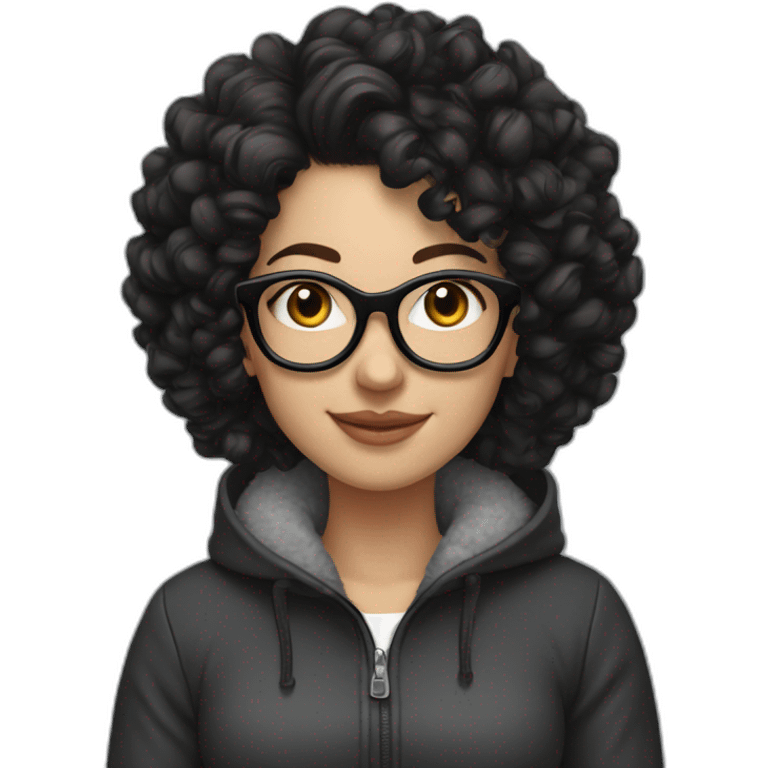 white Girl with black curly hair, ear piercings and smile,fleece jacket and glasses on her head emoji