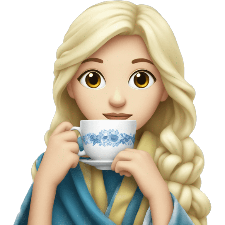 White blonde Girl drinking tea with blanket on, blue eyes  emoji