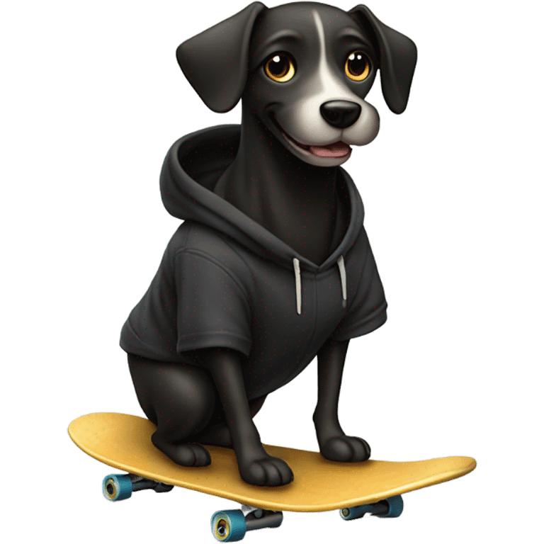 Dog wearing a black hoodie riding a skateboard with his hands in the pockets while having a grin on his face  emoji