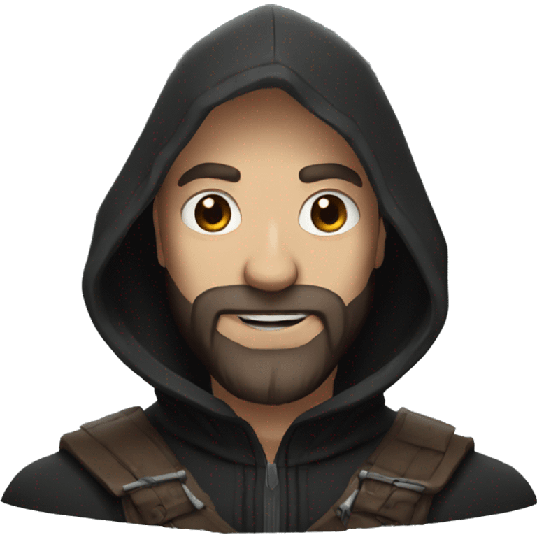 bald human rogue with brown beard and black hood happy emoji