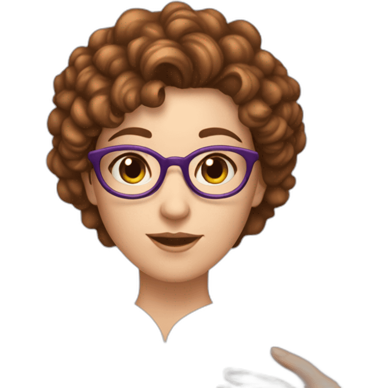 white girl not wearing glasses and really short brown curly hair reading a purple book emoji