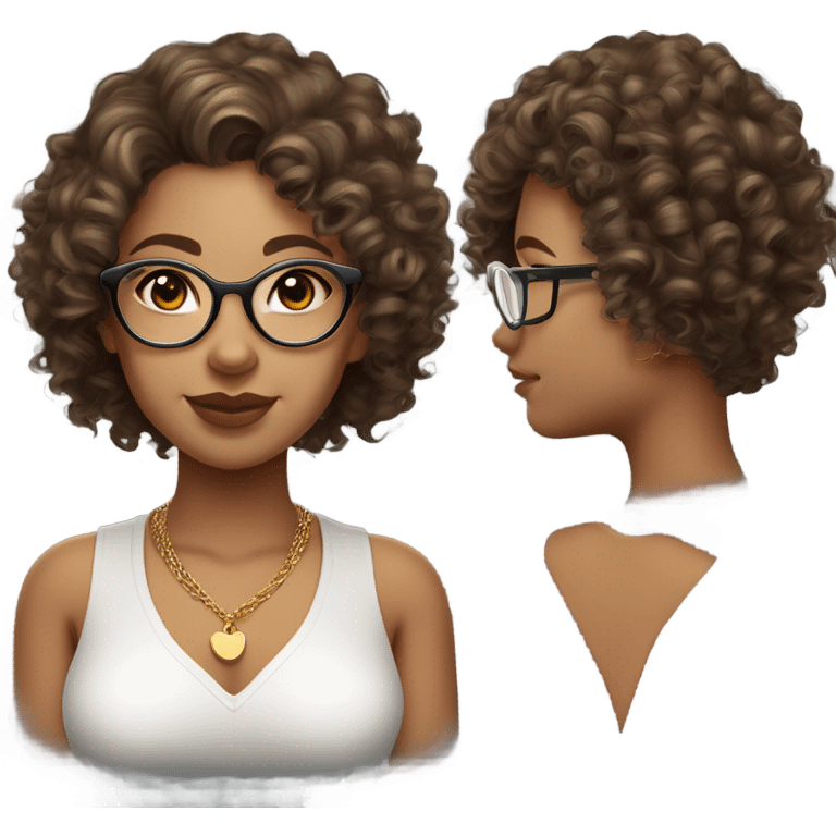 curly haired, olive skinned, girl, with transparent glasses, brown eyes and dark blonde hair with some meshes. a little curvy, oval face and plump lips. with a white bodysuits and cute gold necklace and gold earrings. emoji