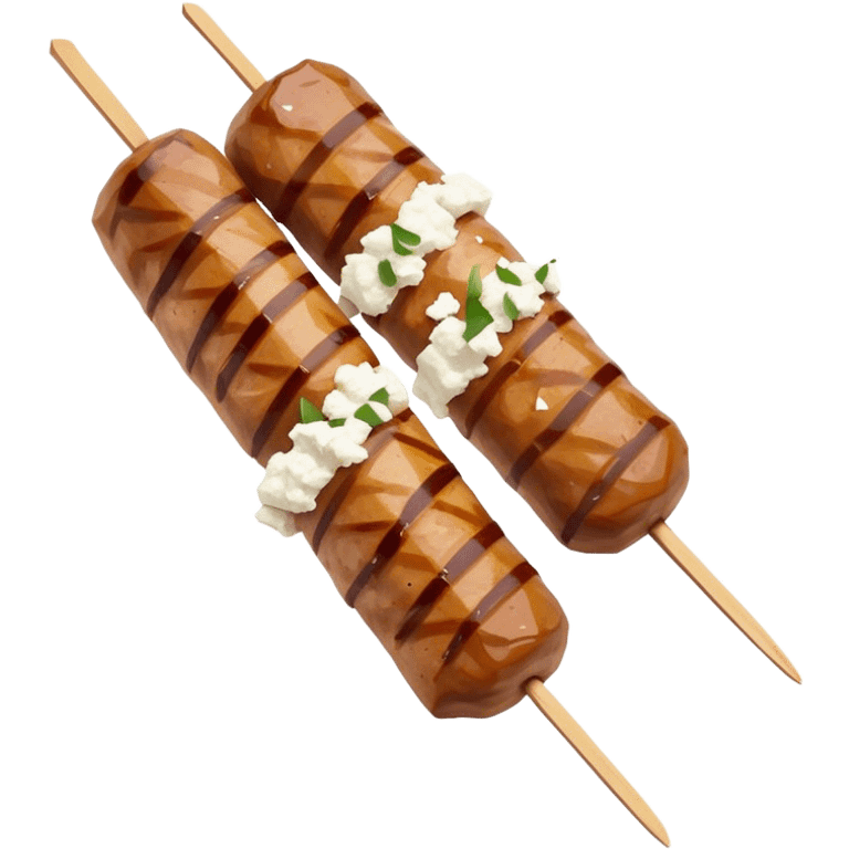 Souvlaki Cinematic Realistic Souvlaki Dish Emoji, depicted as skewered, grilled meat served with a side of crumbled feta cheese, rendered with rich textures and dynamic, appetizing lighting. emoji