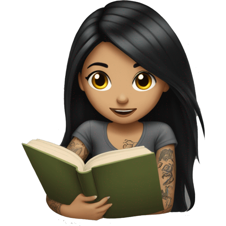 Girl with long black hair and tattoos reading a book wearing black  emoji