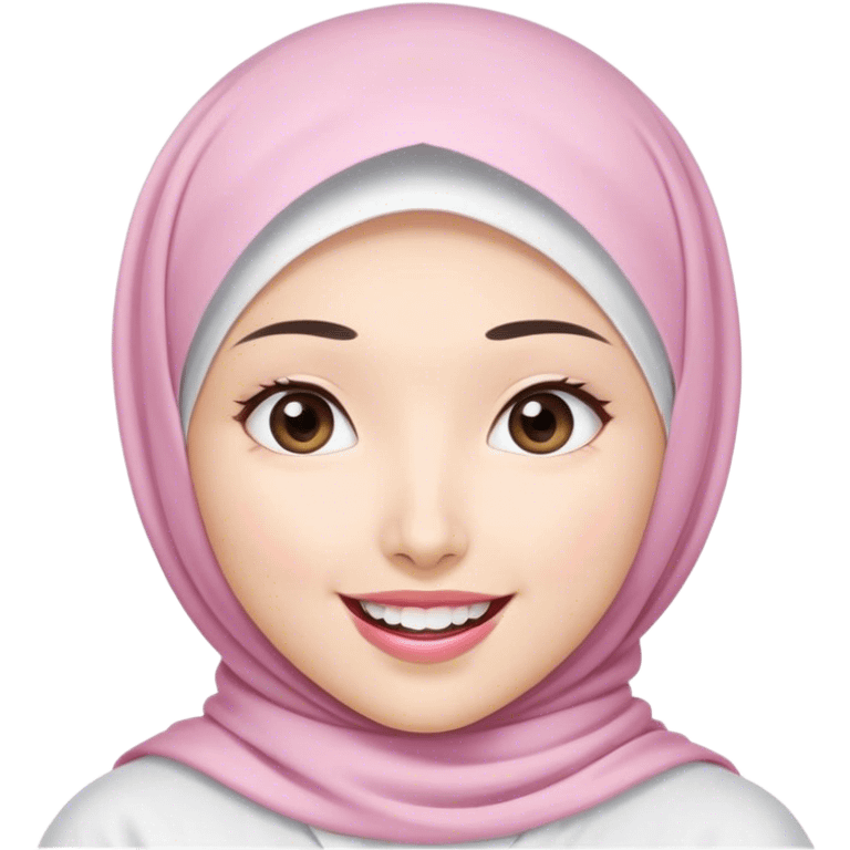 an Asian white woman hijab, her hijab color are white, her face is small, her lips are pink, her eyes are shining, her face looks happy showing her teeth, her eyes are also smiling emoji