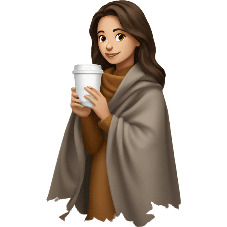 Brunette girl autumn with blanket and coffee emoji