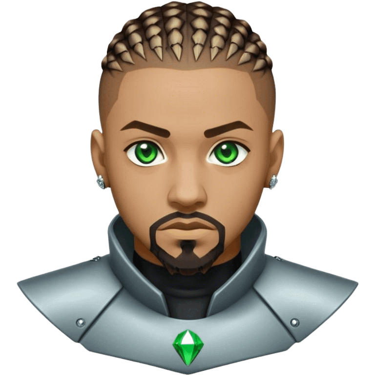 Light skinned African American male with green eyes as a cyberpunk hacker with cornrows hairstyle but short cornrows  with goatee facial hair with small diamond stud emoji