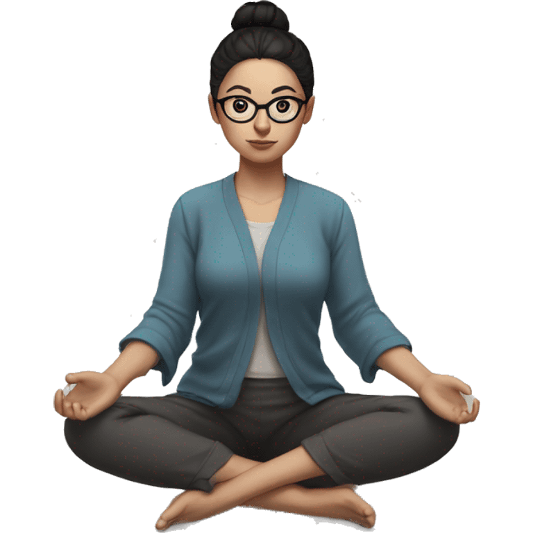 White skinned girl with glasses and a bun with black hair, meditating on the floor emoji