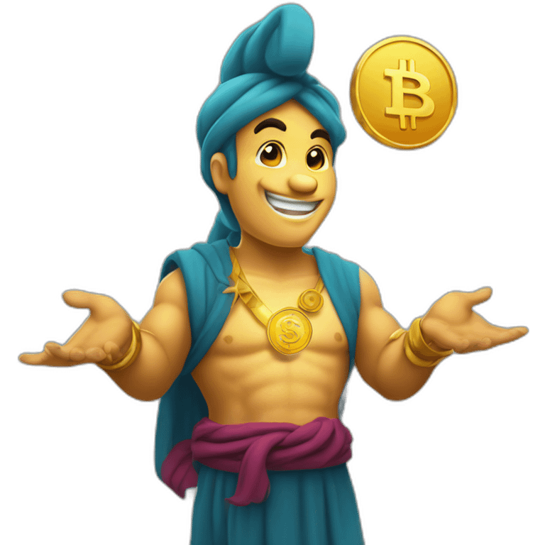 genie with a coin in his hand on the crypto coin graph arrow emoji