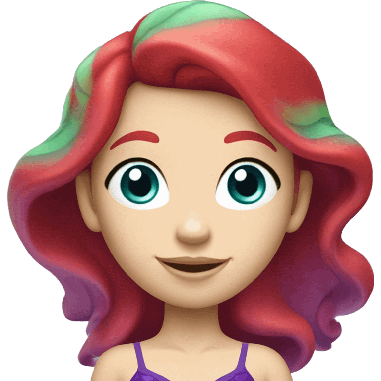 Ariel, the mermaid swimming. Her tail is green, her bikini top is purple, and her hair is bright red and wavy. She has pale skin and blue eyes. She is swimming. emoji