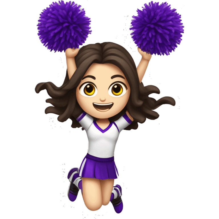 Caucasian cheerleader with long dark brown hair, jumping and holding up two purple Pom poms, small full body emoji emoji