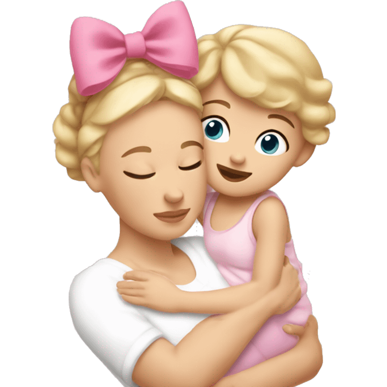 white blonde woman cuddling with baby girl with short light brown hair with a big pink bow on her head emoji