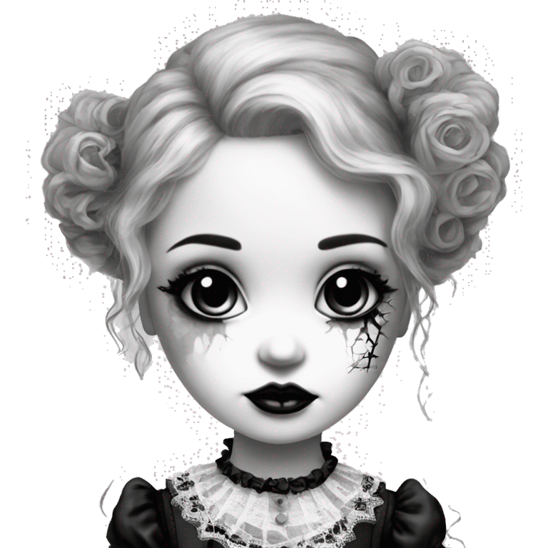 porcelain doll with a cracked face, goth makeup, long hair, lace and ruffles, lolita style, inked, black and white emoji