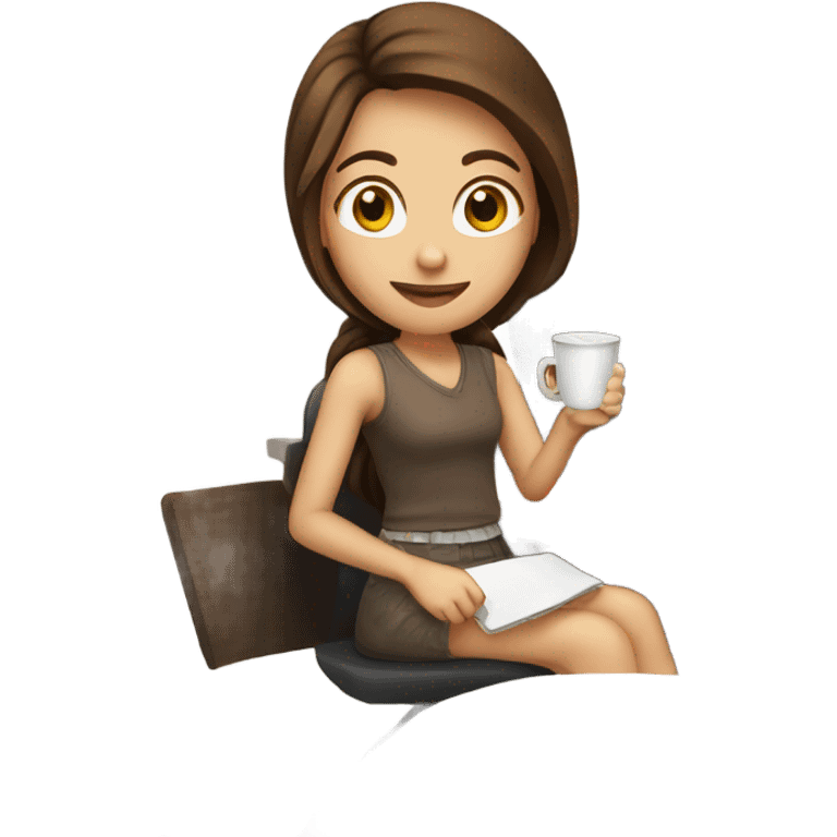 girl with brown hair sitting at computer with cup of coffee emoji