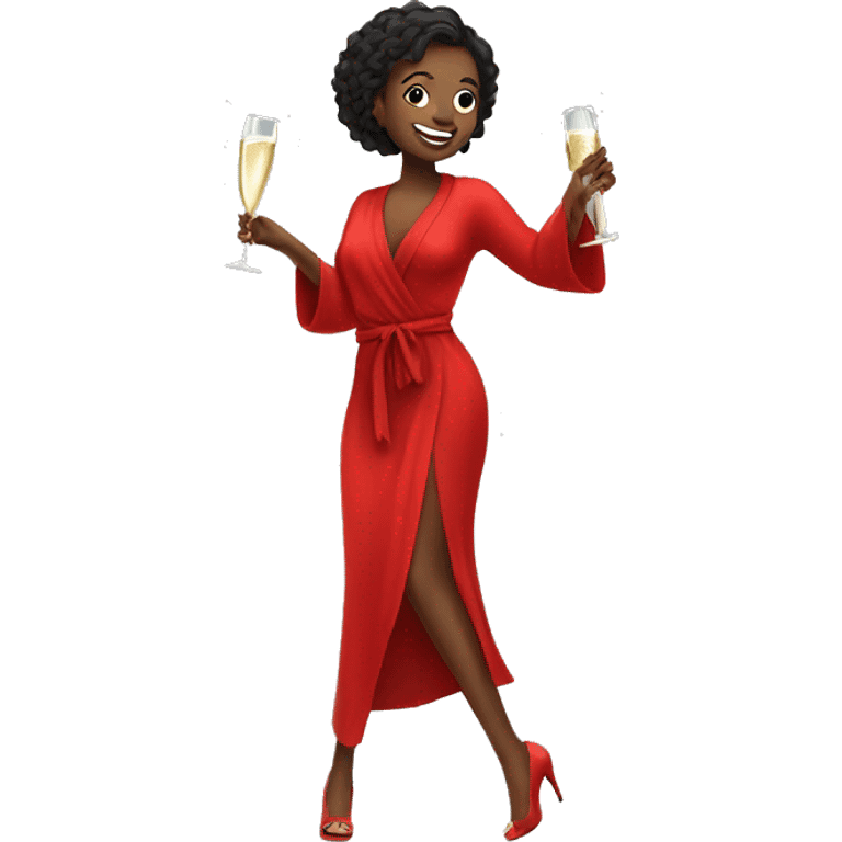 Girl in high heels and red robe dancing while holding champagne bottle emoji