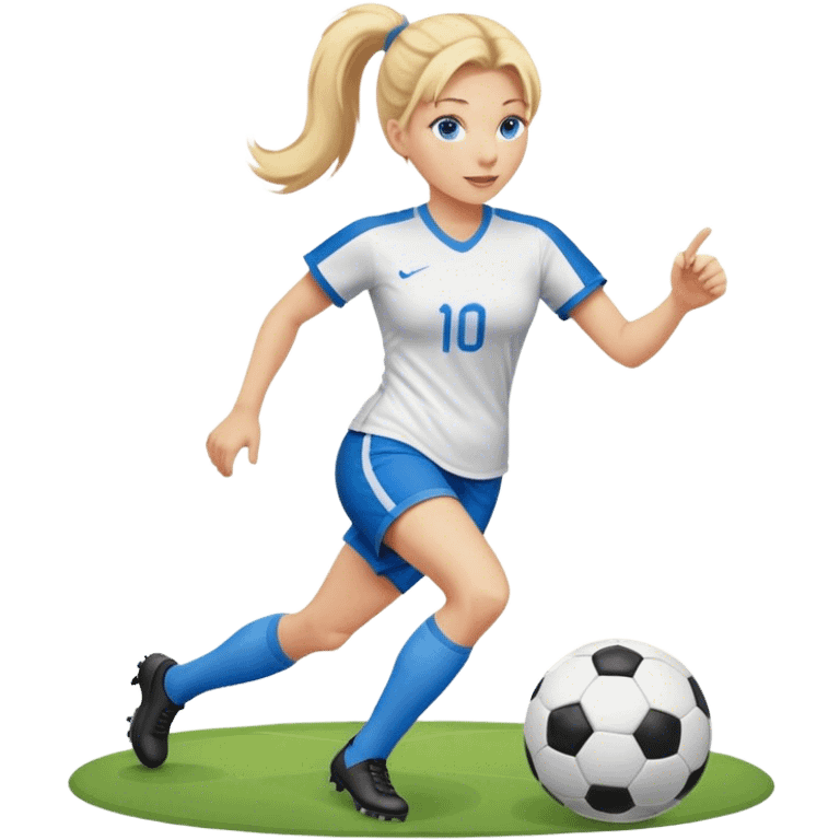 40 year old woman blue eyes and blonde ponytail playing soccer  emoji