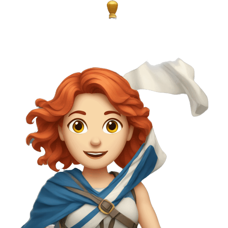 a red hair female on mountain summit holding greek flag emoji