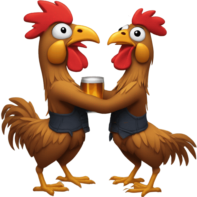 roosters hugging and drinking beer as brothers emoji