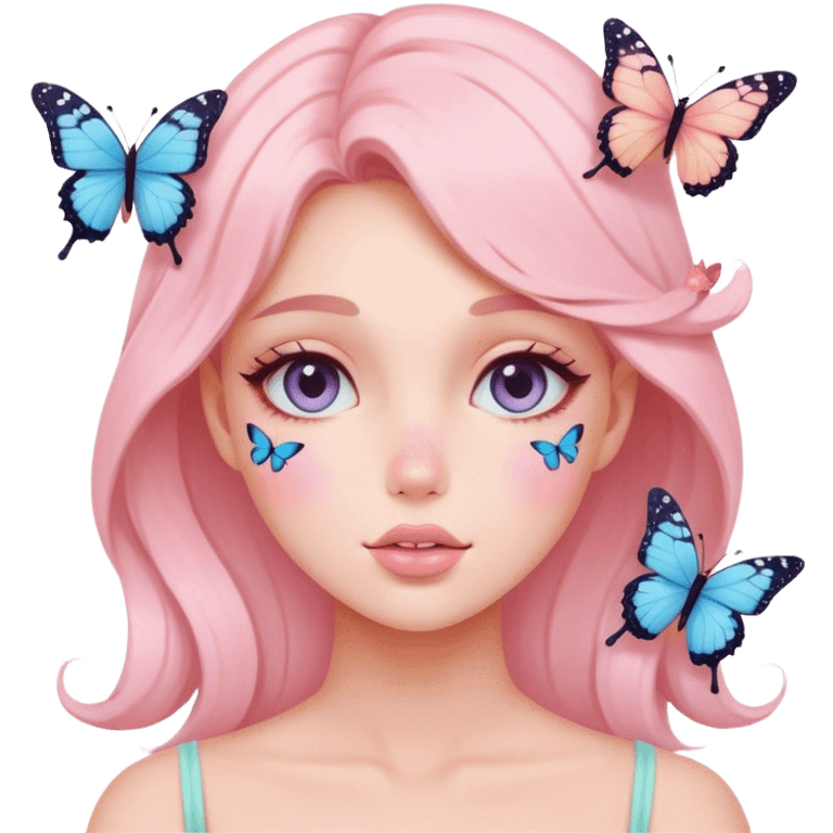 Gorgeous pastel lady with blushing face and butterflies aesthetic trending style emoji