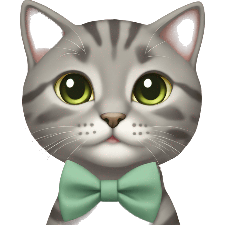 Aesthetic round-faced grey tabby British short hair full body cat with sage green bow tie emoji