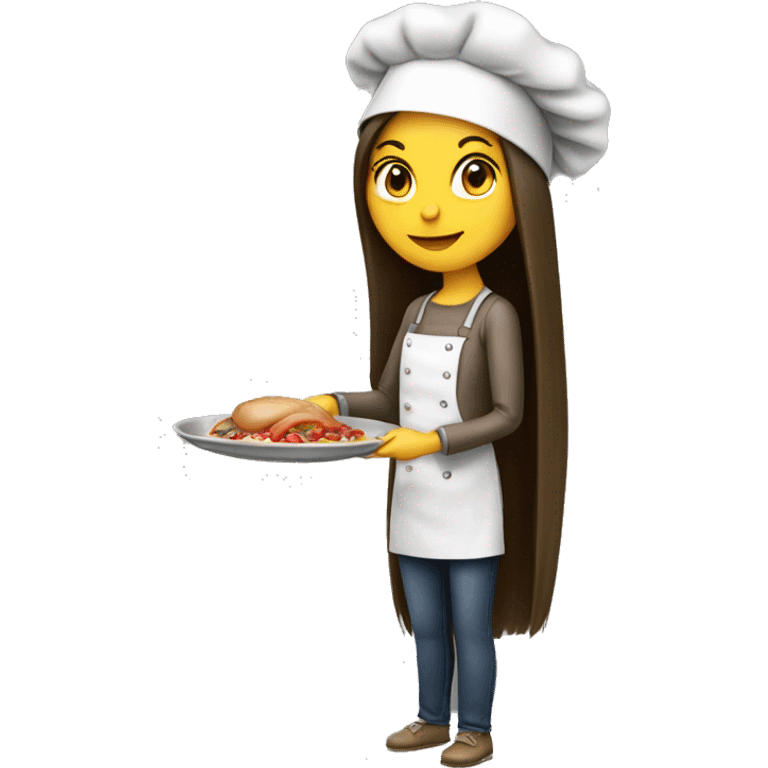 Brunette long straight hair girl making dinner in a cook hat emoji