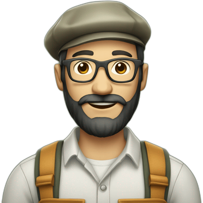 full body of an happy gardener face long dark beard and short dark hair with little transparent glasses and a beret emoji