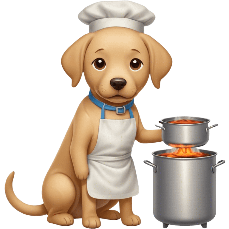 Labrador Retriever with apron standing over a hot stove with boiling pots  emoji