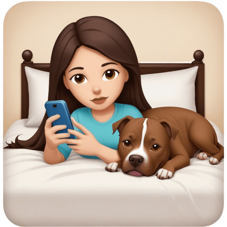 Girl long dark brown hair lays on her bed with her cell phone and her brown pit bull lays guarding her emoji