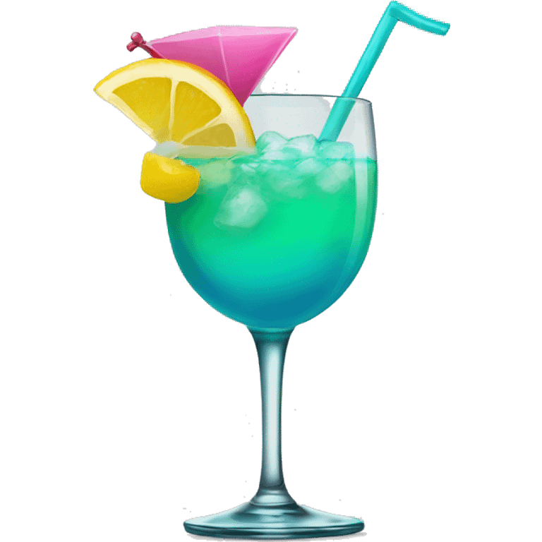 Bluish green cocktail with pink and yellow emoji