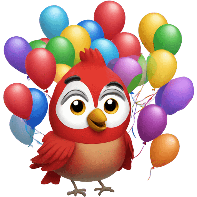 Happy red cardinal with birthday balloons emoji