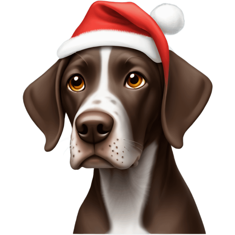 Brown German shorthaired pointer dog with Christmas hat emoji