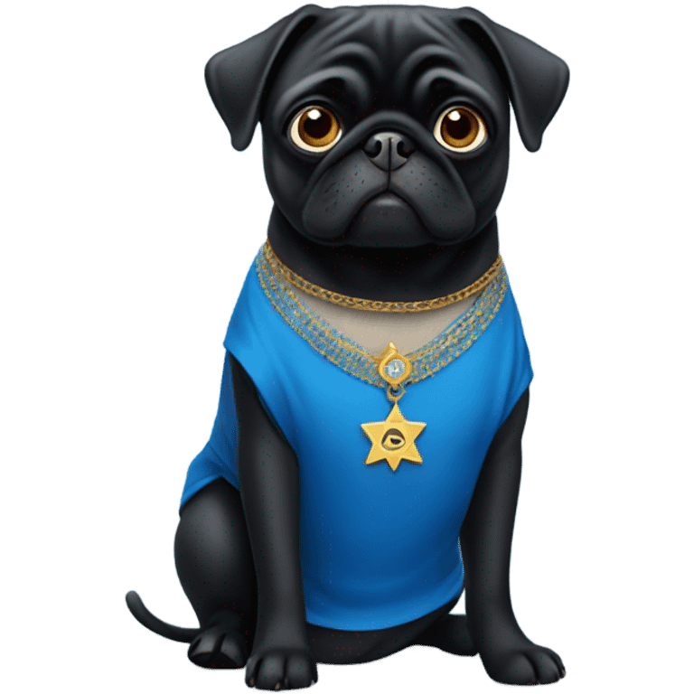 Black pug in a blue dress with a Jewish star on the dress emoji