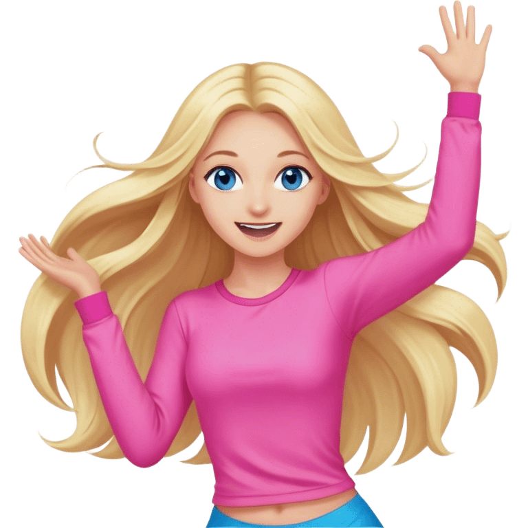 Pretty Blonde with long hair model, blue eyes In pink clothes super excited and happy dance emoji