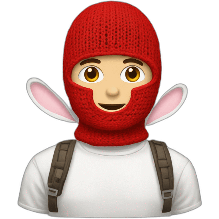 A WHITE GUY WEARING A RED CROCHET BALACLAVA with bunny ears emoji