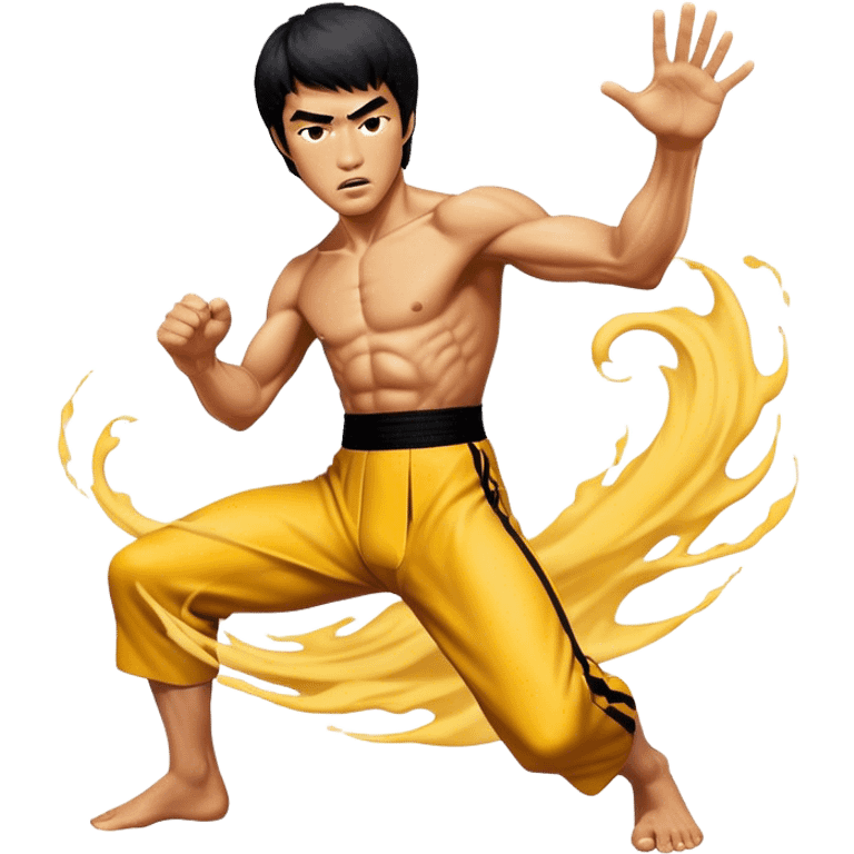 Cinematic Realistic Bruce Lee Portrait Emoji, depicted as a dynamic martial arts icon with an intense gaze and athletic physique caught in a fluid motion, rendered with vivid textures and energetic lighting that embodies his legendary prowess. emoji