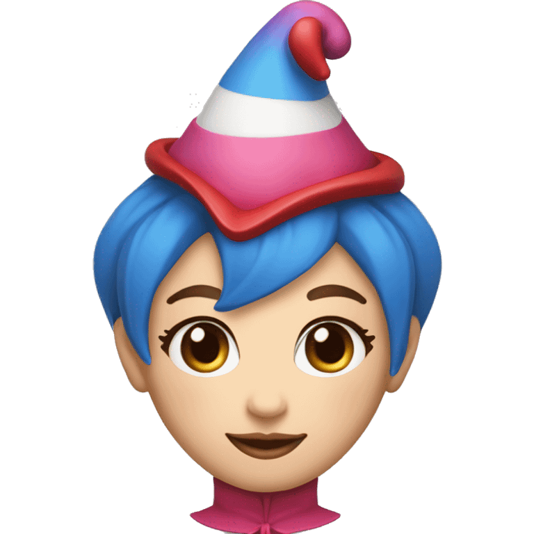 A jester with a round white head,pink blush – red and blue pinwheel eyes and a red and blue jester outfit. her pupils are red and blue pupils. She has a jester hat, and brown short hair emoji