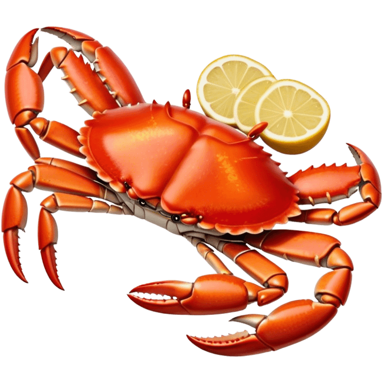 Cinematic rich crab legs, bright red shell glistening, cracked open to reveal tender white meat, warm golden highlights, detailed and delicious. emoji