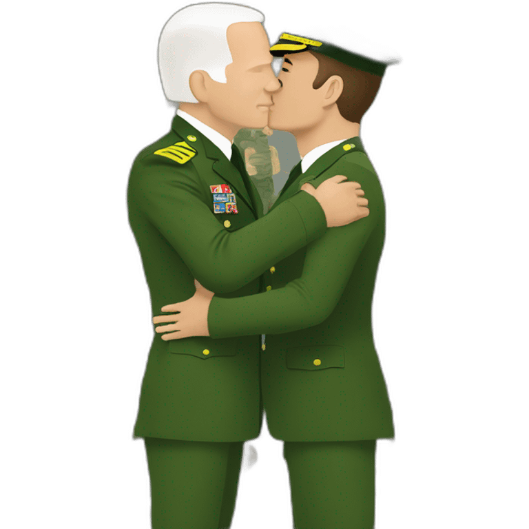 Vladimir Zelenskiy in green military clothes kissing by Joe Biden in classic suit emoji