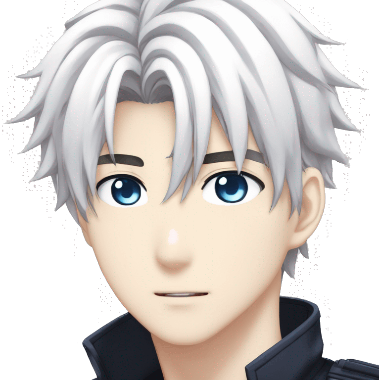 Anime guy, white hair, messy hair, medium length hair, blue eyes, blue glowing eyes, beautiful face, dark uniform, Japanese school uniform, white eyebrows, white eyelashes emoji