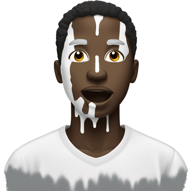 Black man with white paint splash on his face, with tongue out and eyes closed emoji