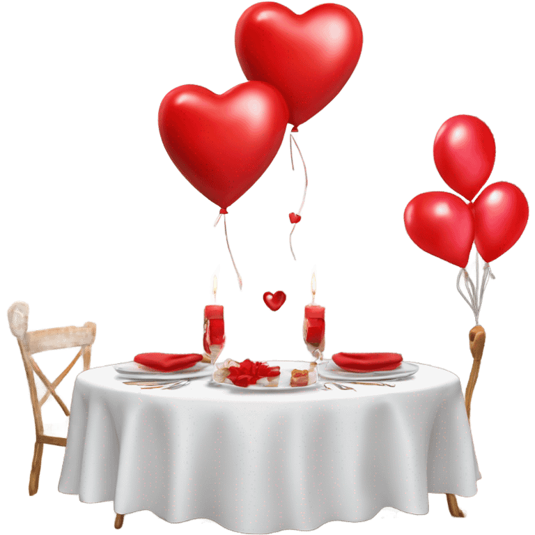 Red romantic party setting for two people and heart balloon  table with white cloth and candle with bows on the table photo Realistic  emoji