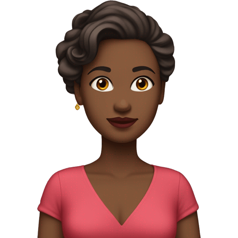 She is white, she has soft features, fair skin, and almond-shaped eyes. Her defined eyebrows and natural pink lips frame her face. Her dark, wavy hair is partially tied back, giving her an elegant yet relaxed look. She wears a luxurious red V-neck dress.
 emoji