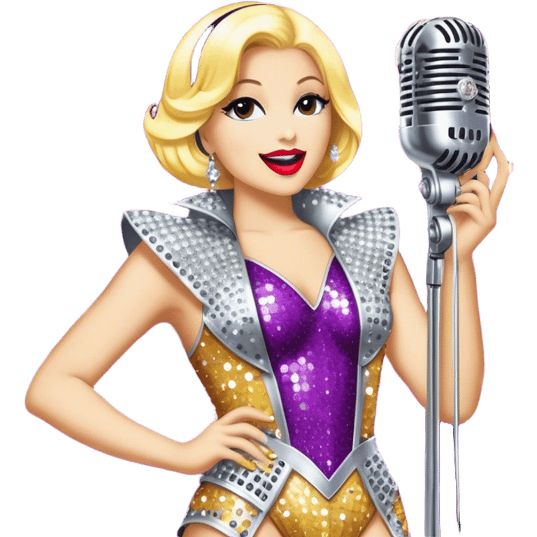 Create a glamorous and vibrant emoji representing stage vocal performance. The design should feature a humanless collage of classic vintage microphone, stage costume covered in rhinestones, large scene speakers, scene lights. The costume should be stylized, with glittering elements like sequins and sparkles, and reflect the glitzy, extravagant nature of show business. The microphone should have a sleek, retro look with chrome or metallic accents. Use rich, dazzling colors like gold, silver, deep purple, and bright red to evoke the glamorous, larger-than-life feel of a stage performance. The background should be transparent. emoji