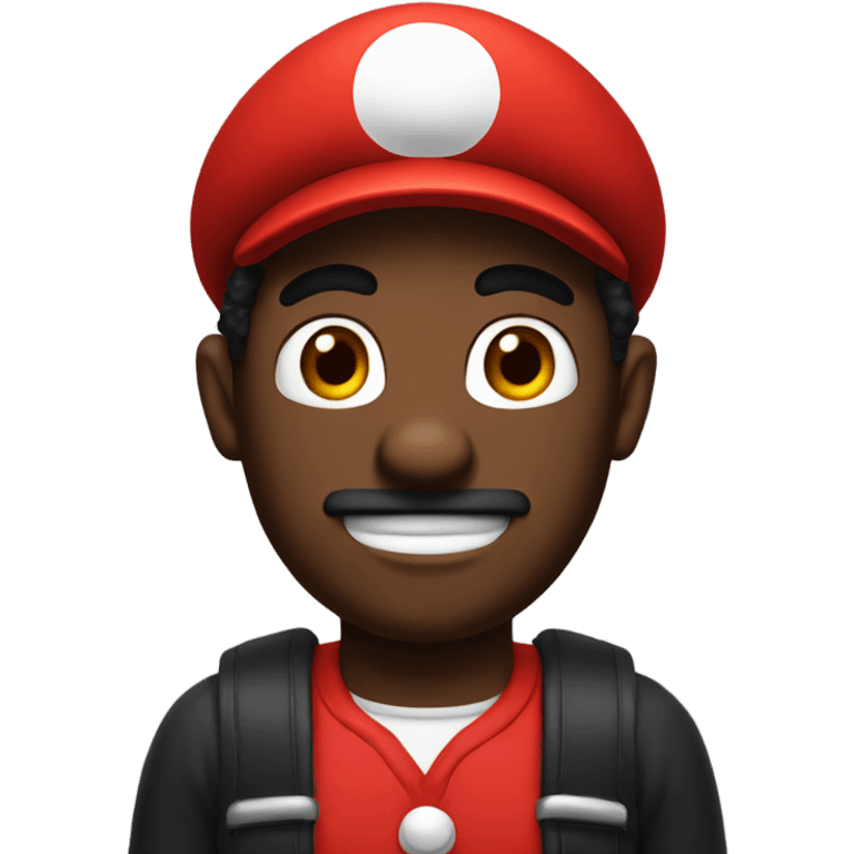 Black man wearing giant Mario costume head emoji