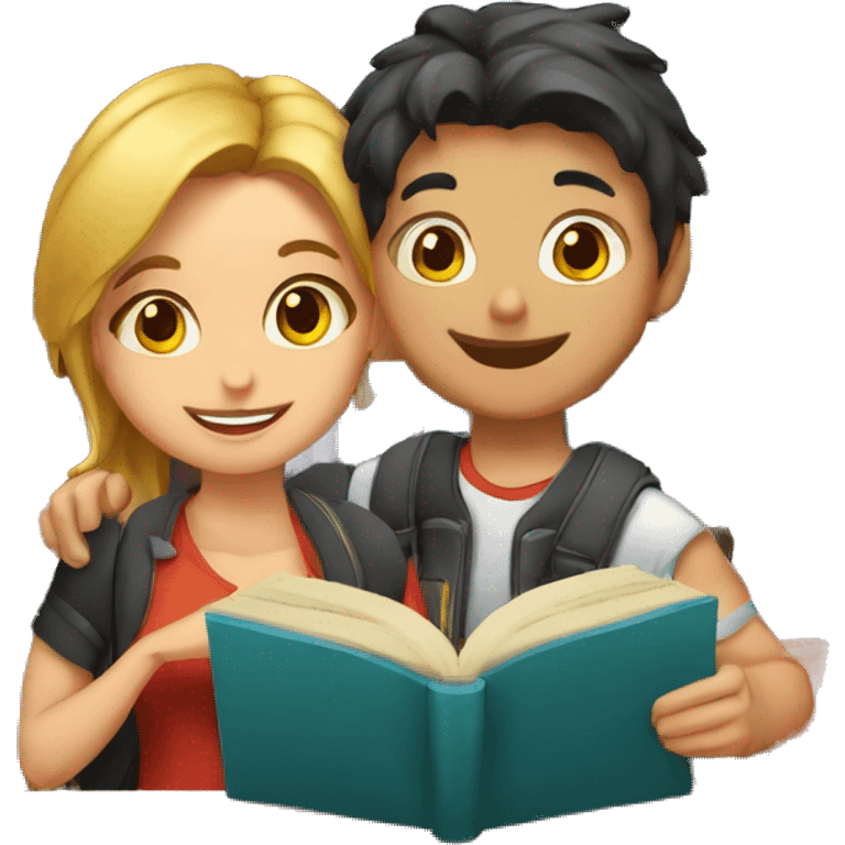 dos estudiantes muy jovenes chico y chica con libros  mirando al frente emoji