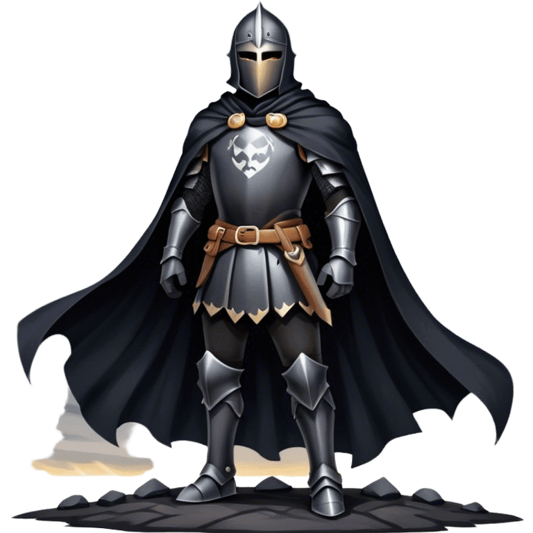 A shadowy knight with a black cape, standing in a stormy battlefield emoji