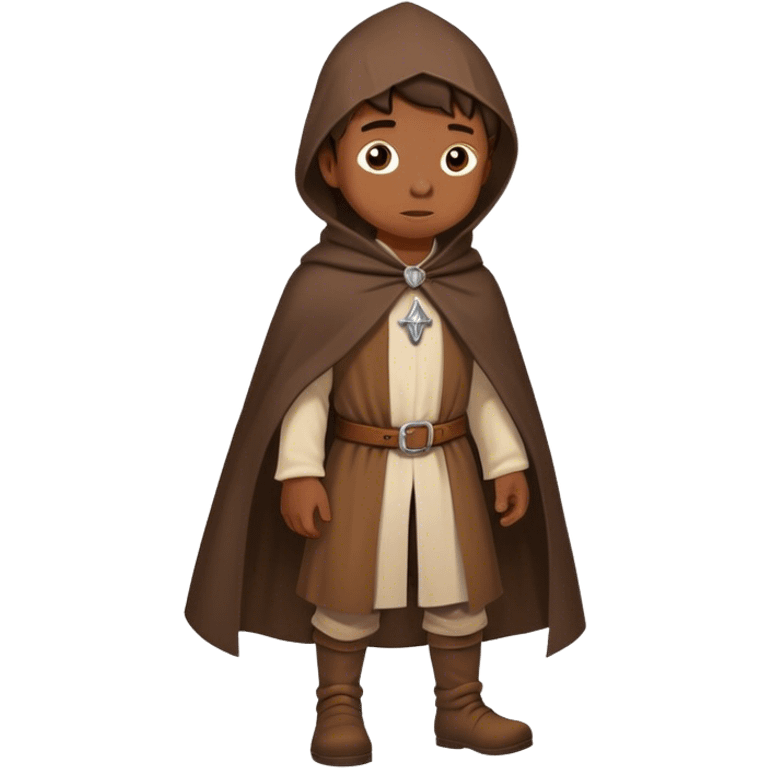 boy with brown cloak of medieval pilgrim walking on the way emoji